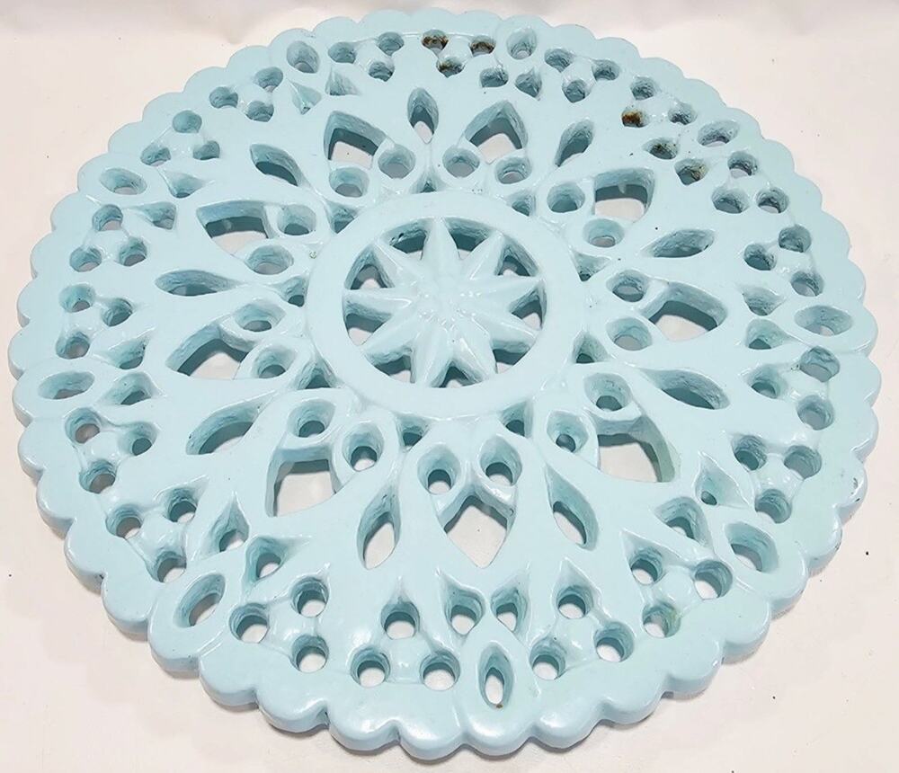 Enameled Cast Iron Footed Trivet Round 7 Inch Ornate Floral Design Light Blue